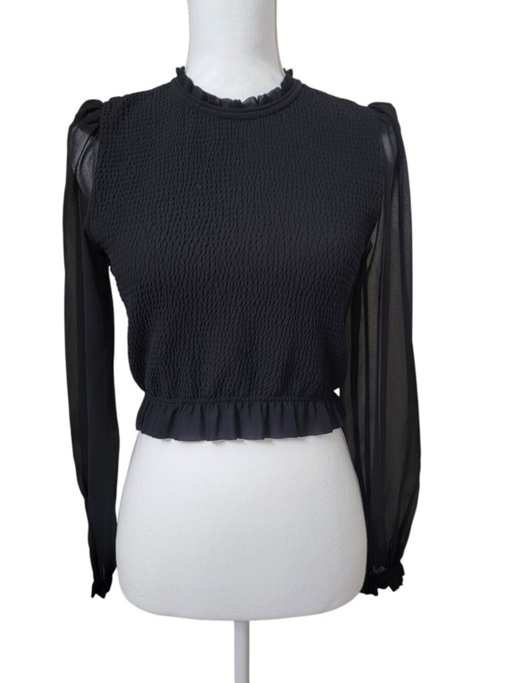 Wilfred Size XS Black "Tempest" Blouse, Long Sheer Sleeve, Ruffle Trim